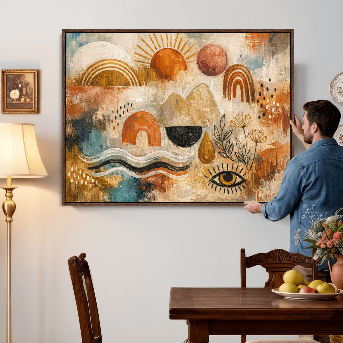 Geometric Boho Abstract Wall Art Canvas Print, Orange Blue