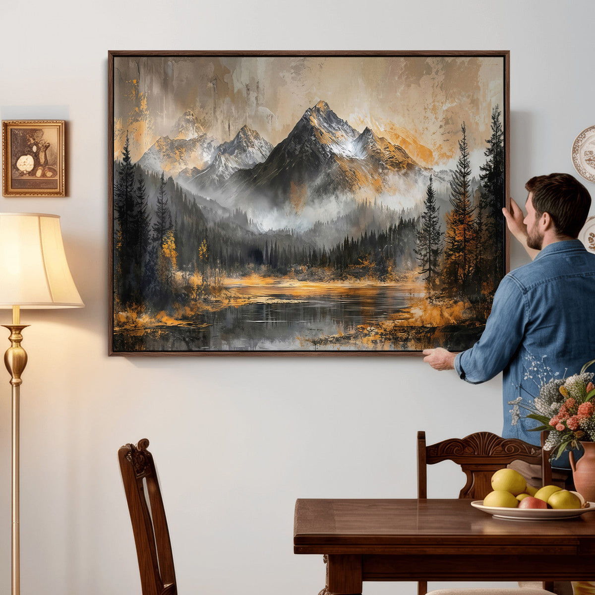 Mountain Lake Canvas Wall Art — Rustic Forest Landscape