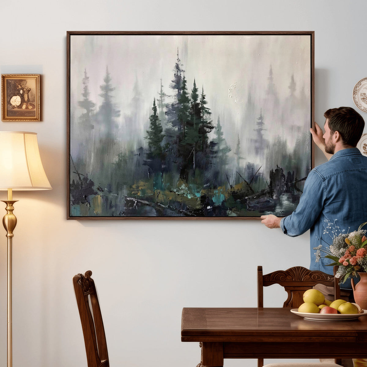 Misty Pine Forest Oil Painting Canvas — Dark Moody Teal Grey