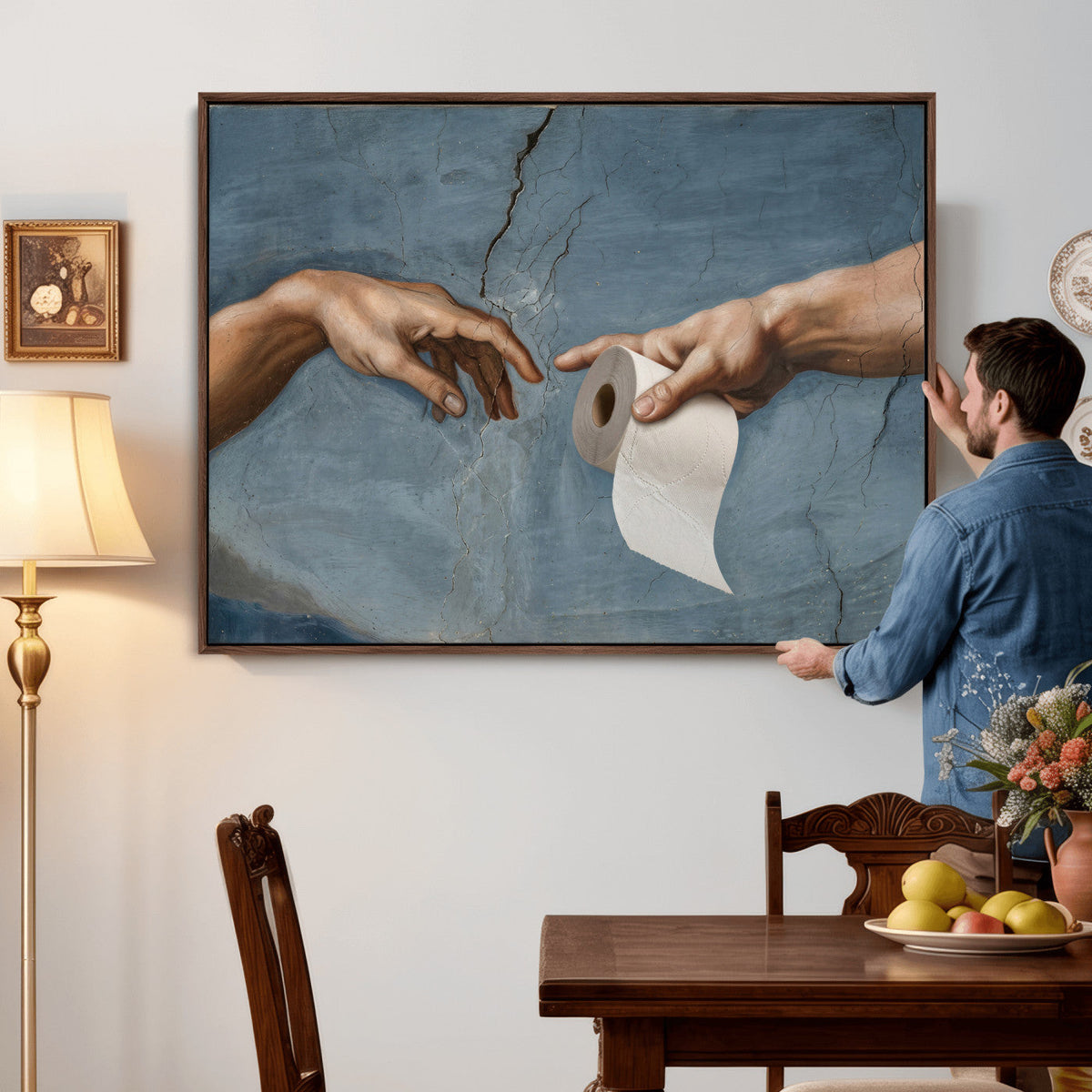 Funny Bathroom Canvas Wall Art, Michelangelo Creation of