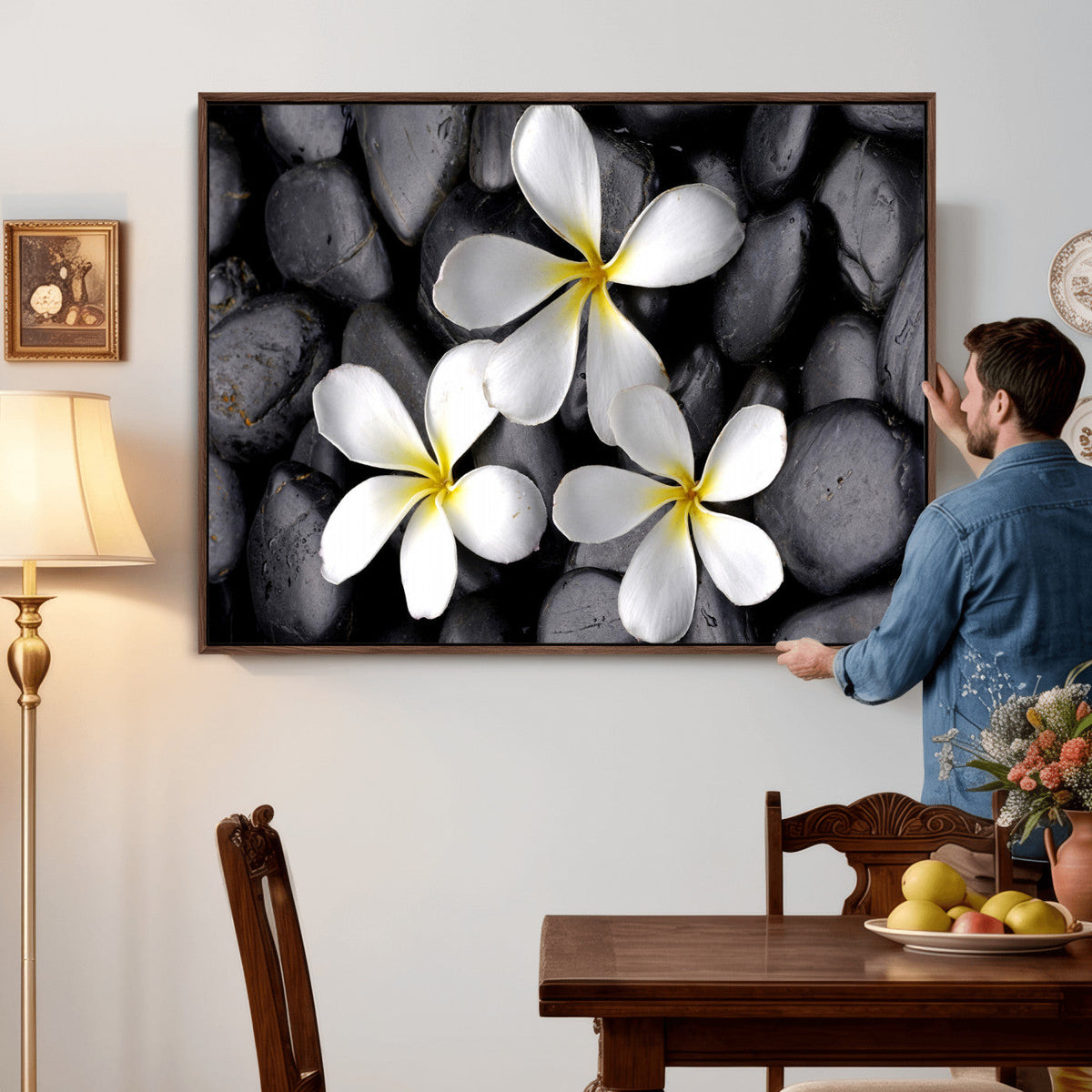 Plumeria Frangipani Black Stone Canvas | White Flower Spa