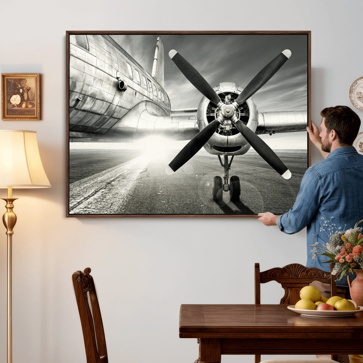 Vintage Airplane Wall Art Canvas Print, Black and White