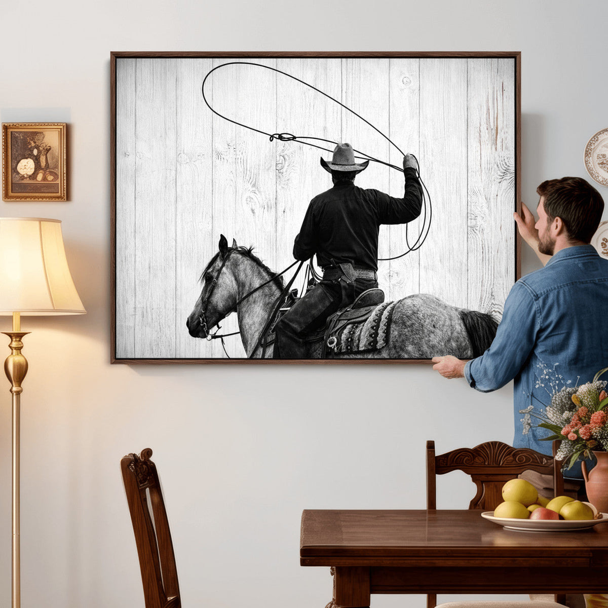Cowboy Lasso Canvas Wall Art, Black White Western Horse
