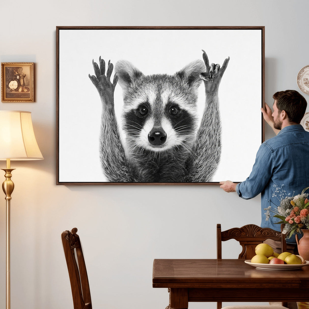 Funny Raccoon Canvas Wall Art, Black White Hands Up Animal Photo Print, Humorous Wildlife Decor, Kids Room Nursery Art, Quirky Animal Gift