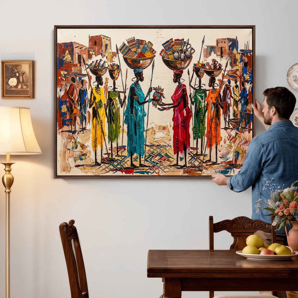 African Folk Art Canvas Wall Art, Colorful African Women Village Painting Print, Tribal Ethnic Home Decor, Vibrant African Art, Living Room