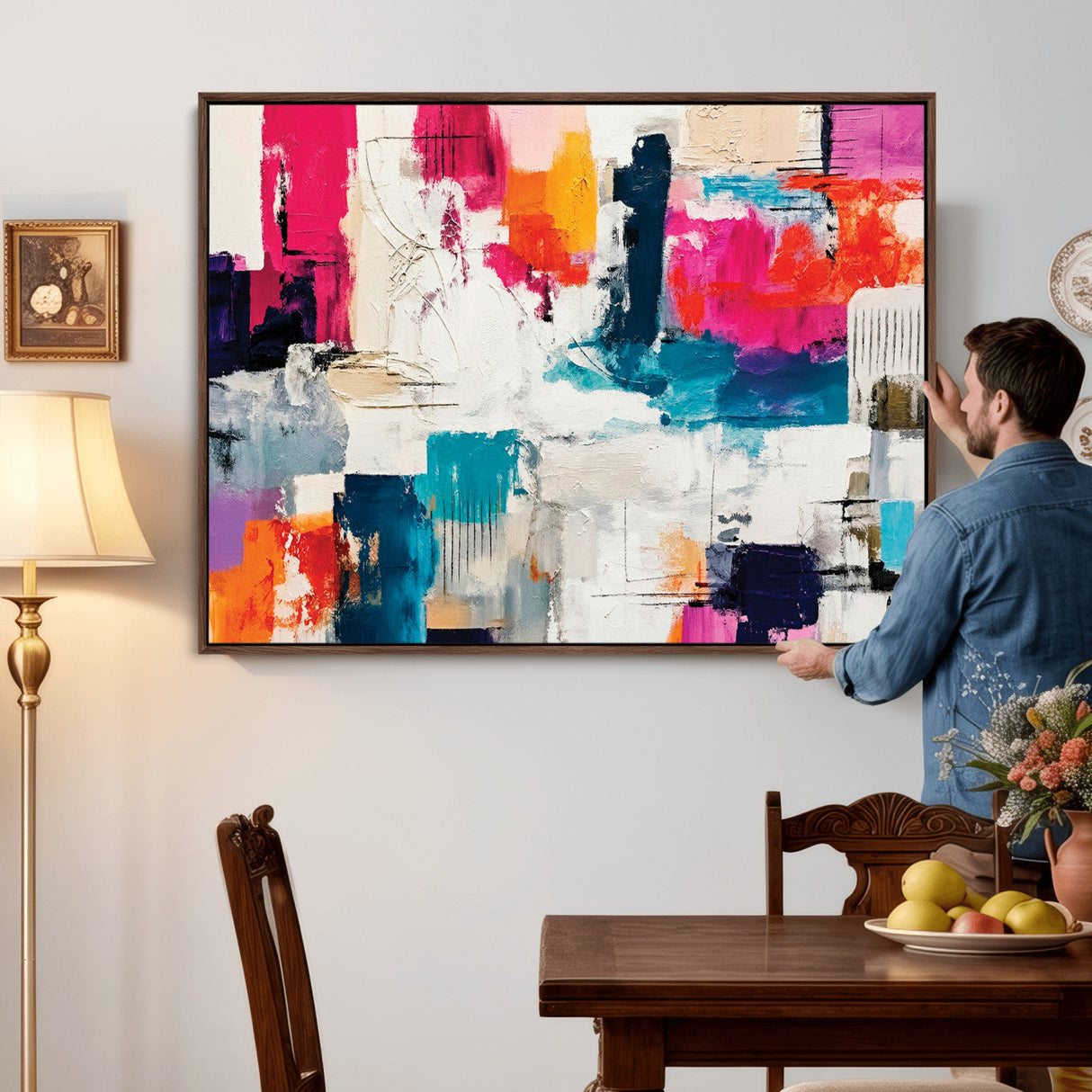 Blue Teal Abstract Canvas Wall Art, Modern Textured Painting Print, Navy Orange White Contemporary Art, Neutral Living Room Decor, Office Art