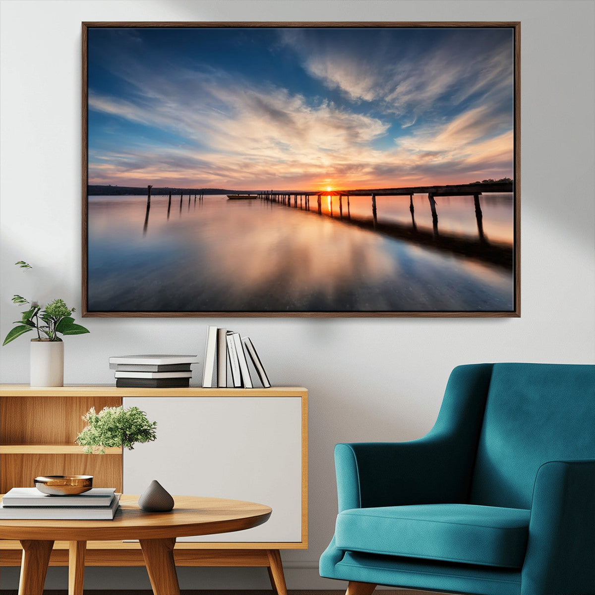 Wooden Pier on Seascape and Sunset Wall Art Canvas Print