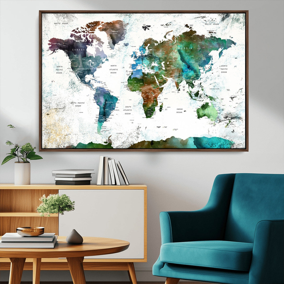 Modern Watercolor World Map Canvas Wall Art – Framed