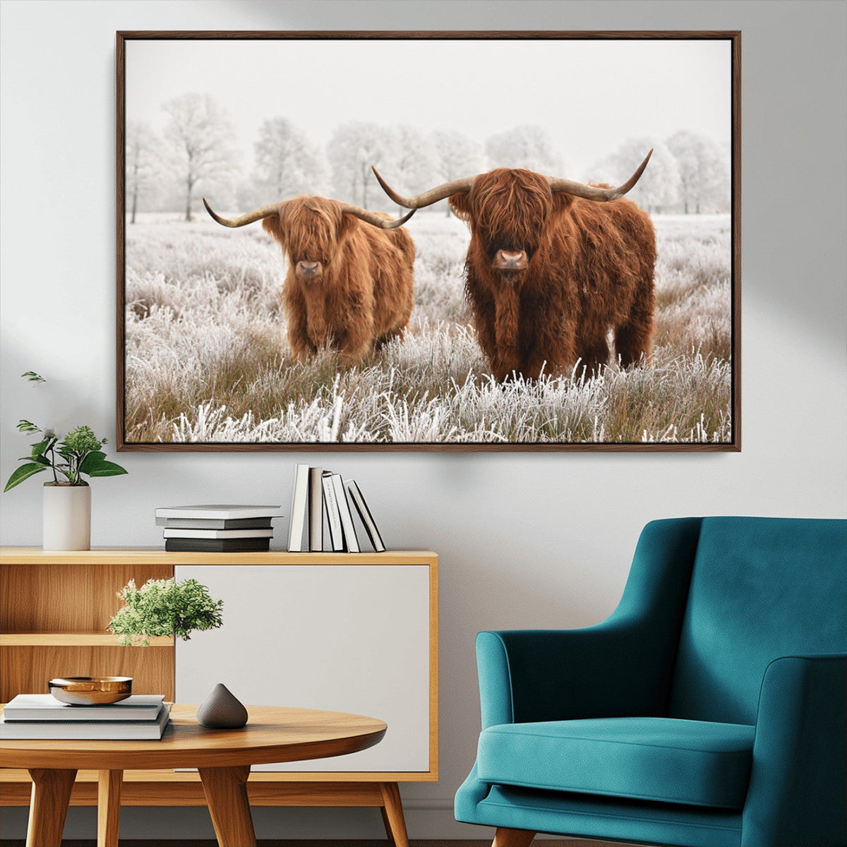 Longhorn Cattle Wall Art Canvas Print, Framed Farmhouse