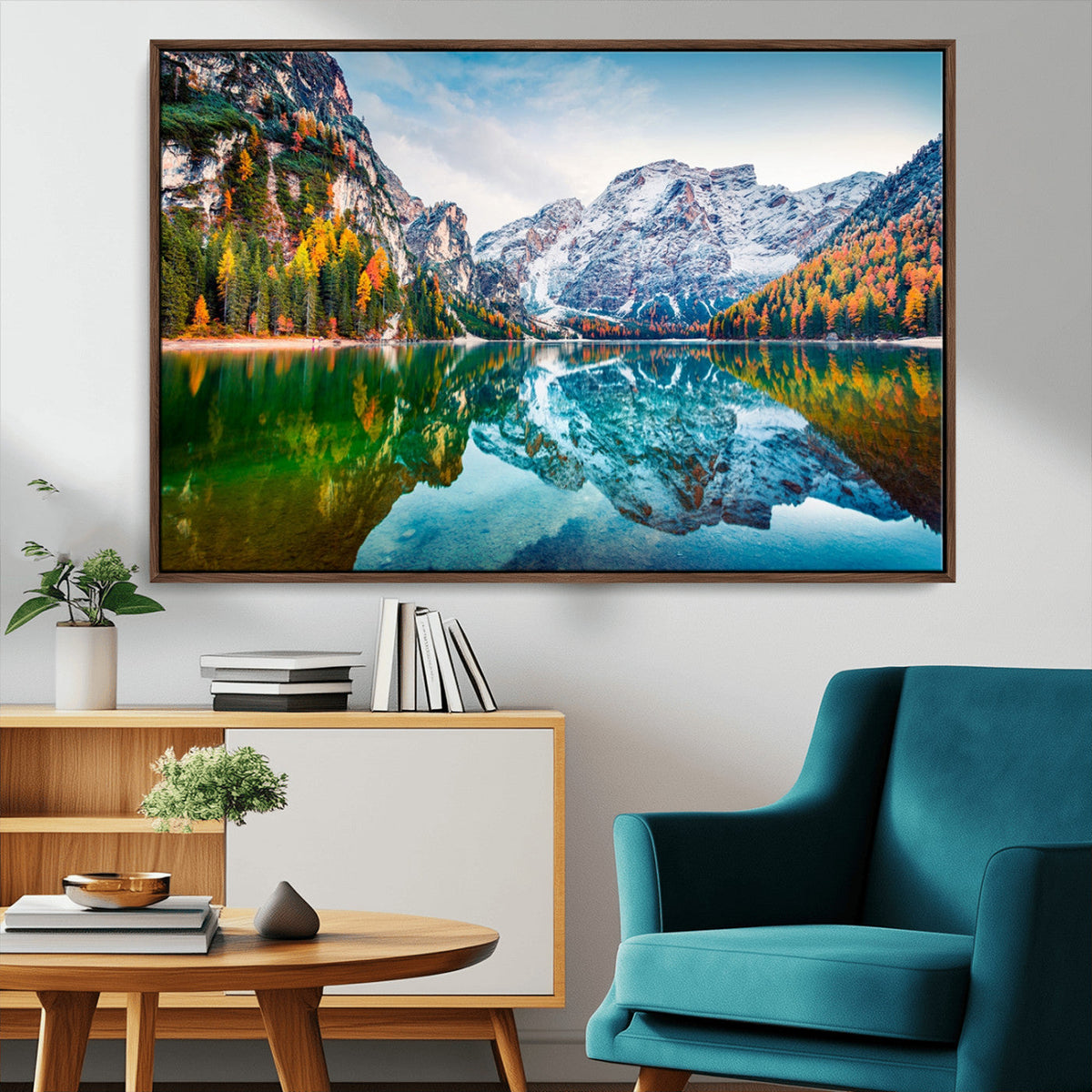 Spectacular autumn view of Braies Lake Wall Art Canvas Print