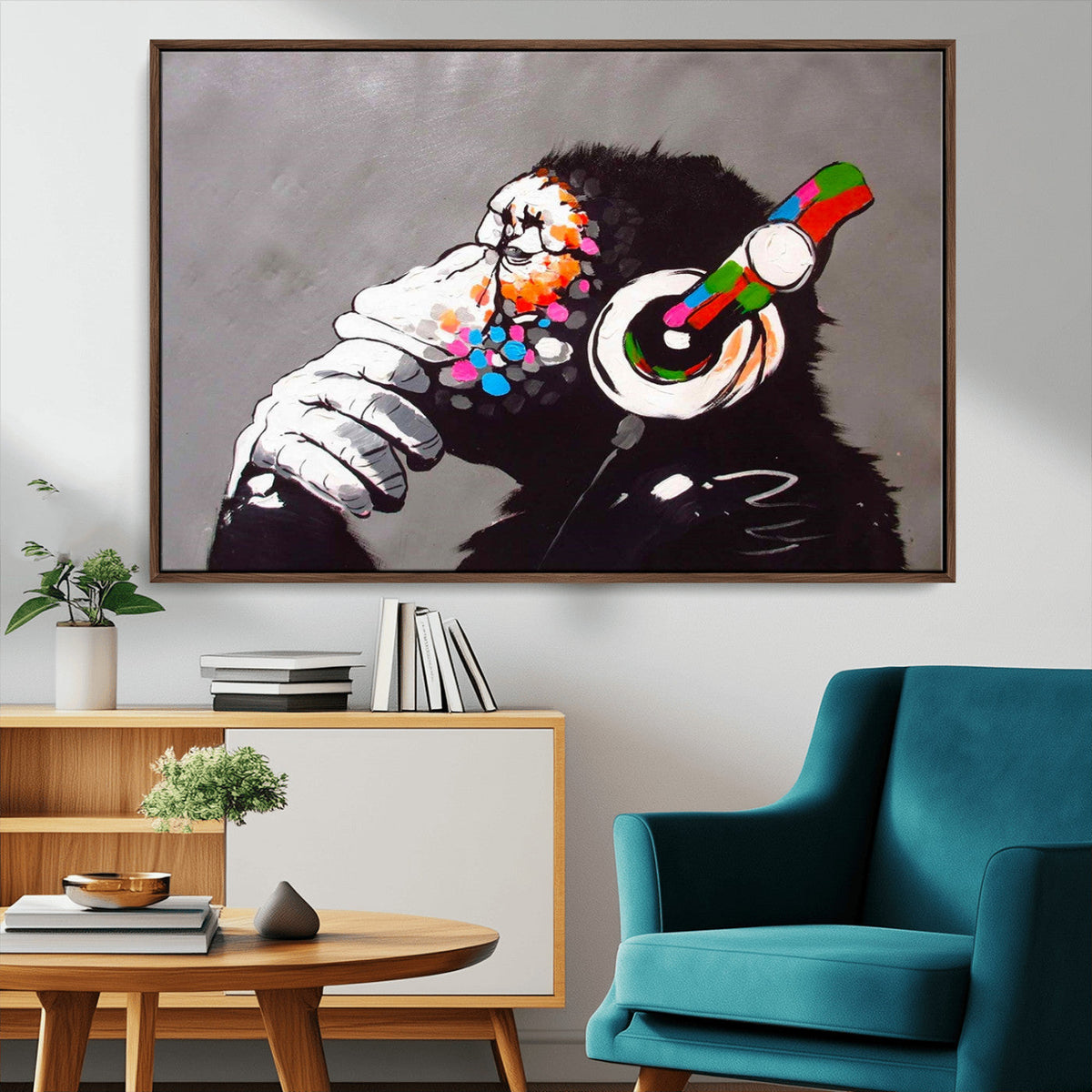 Dj Monkey Listening to Music Wall Art Print | Banksy Monkey