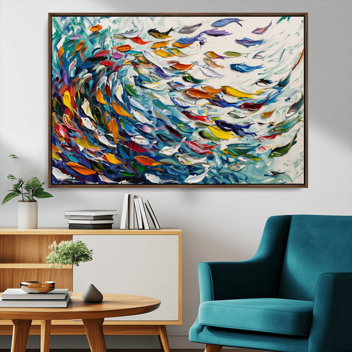 Modern Abstract Fish Shoal Wall Art Canvas Print, Colorful