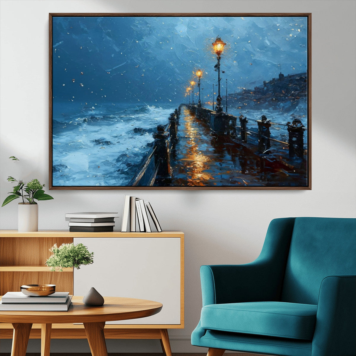 Stormy Night at Beach Pier Oil Painting Large Wall Art