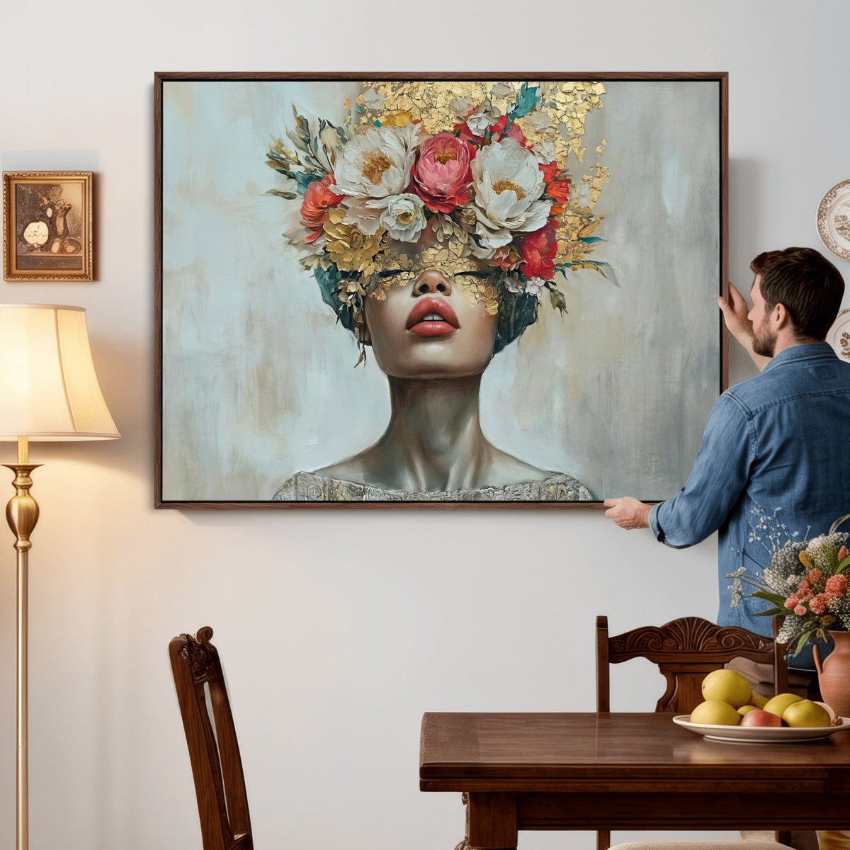 Golden Petal Wall Art Canvas Print - Silhouette Woman Wall