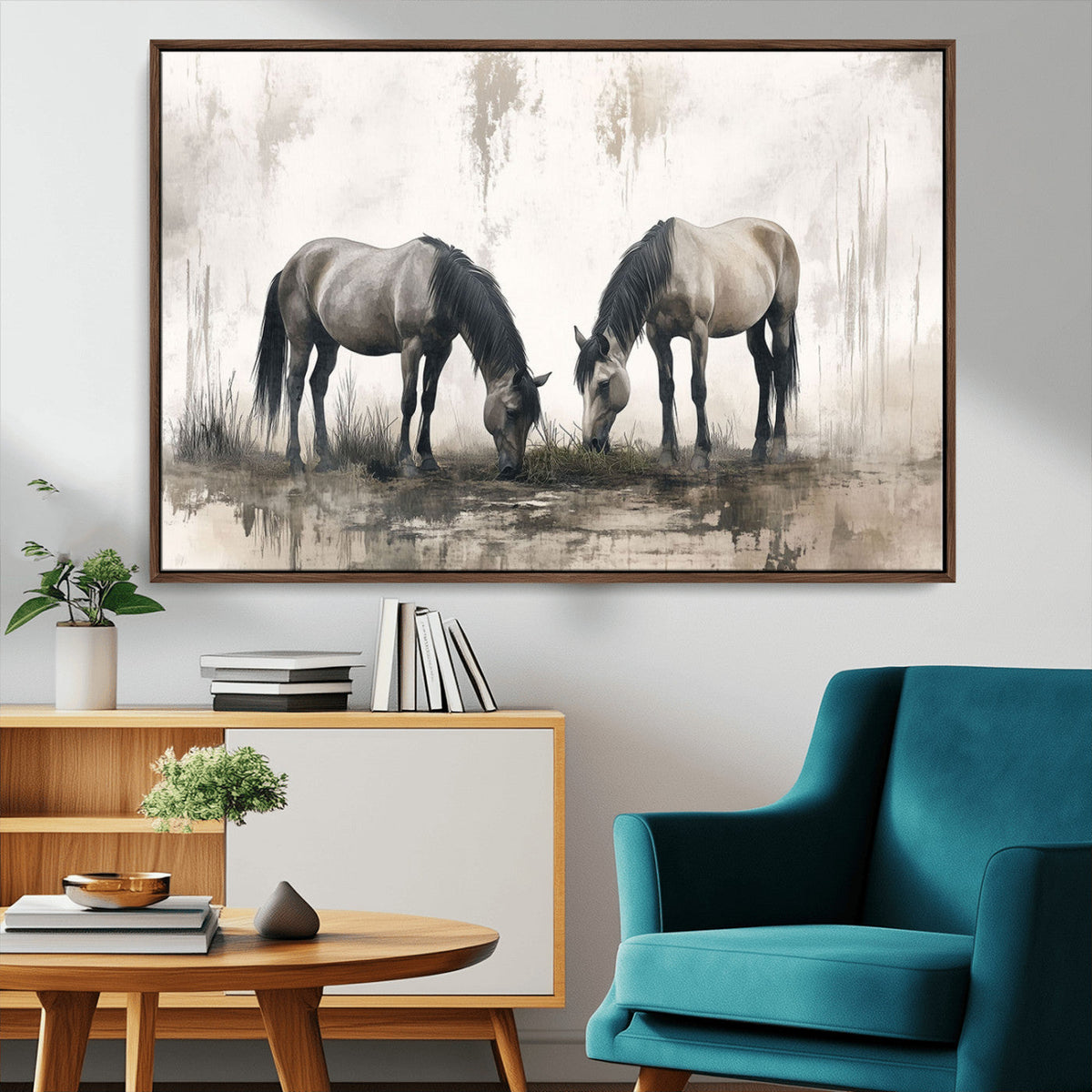 Chines Ink Style Vintage Horses Wall Art Canvas Print for