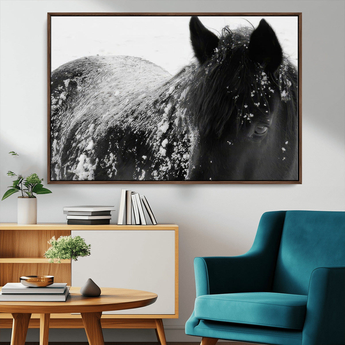 Black Horse in Snow Canvas Print | Winter Horse Wall Art |