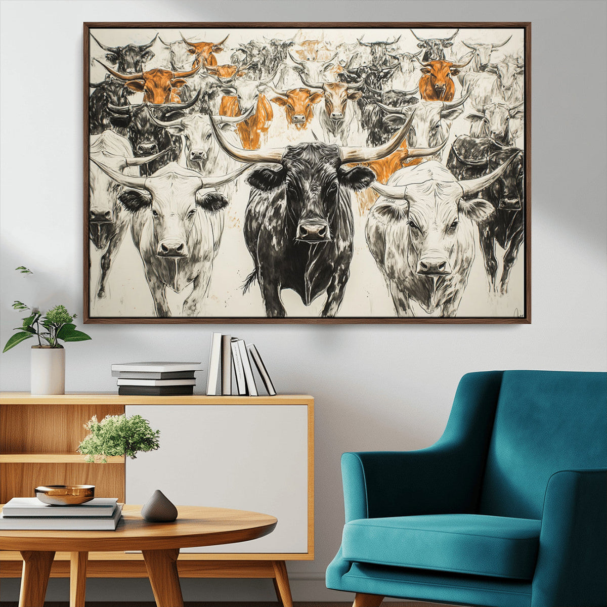 Farmhouse Wall Art | Western Longhorn Cattle Canvas Print |