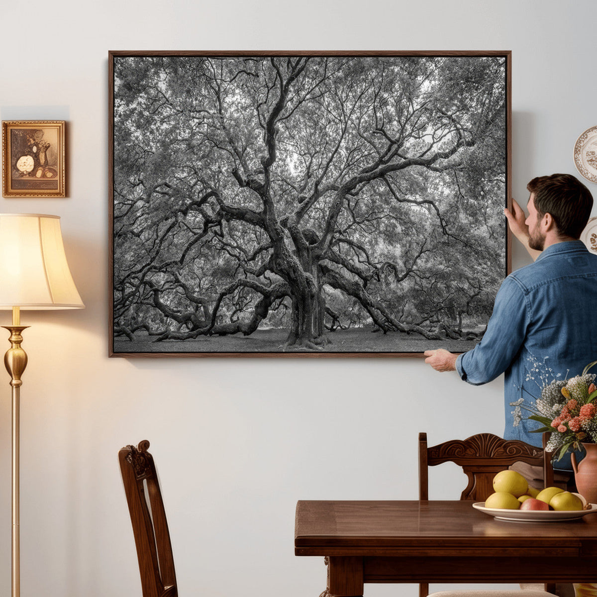 Majestic Angel Oak Tree Black and White Canvas Print – Multi