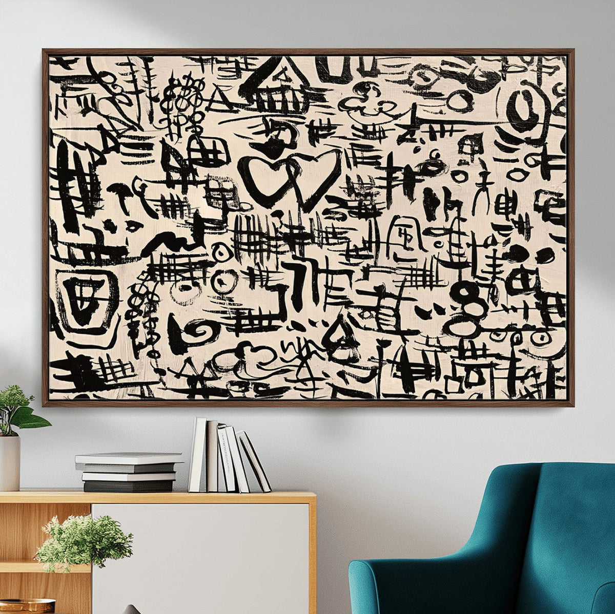 Abstract Love and Chaos Canvas Print, Black Symbols on Beige