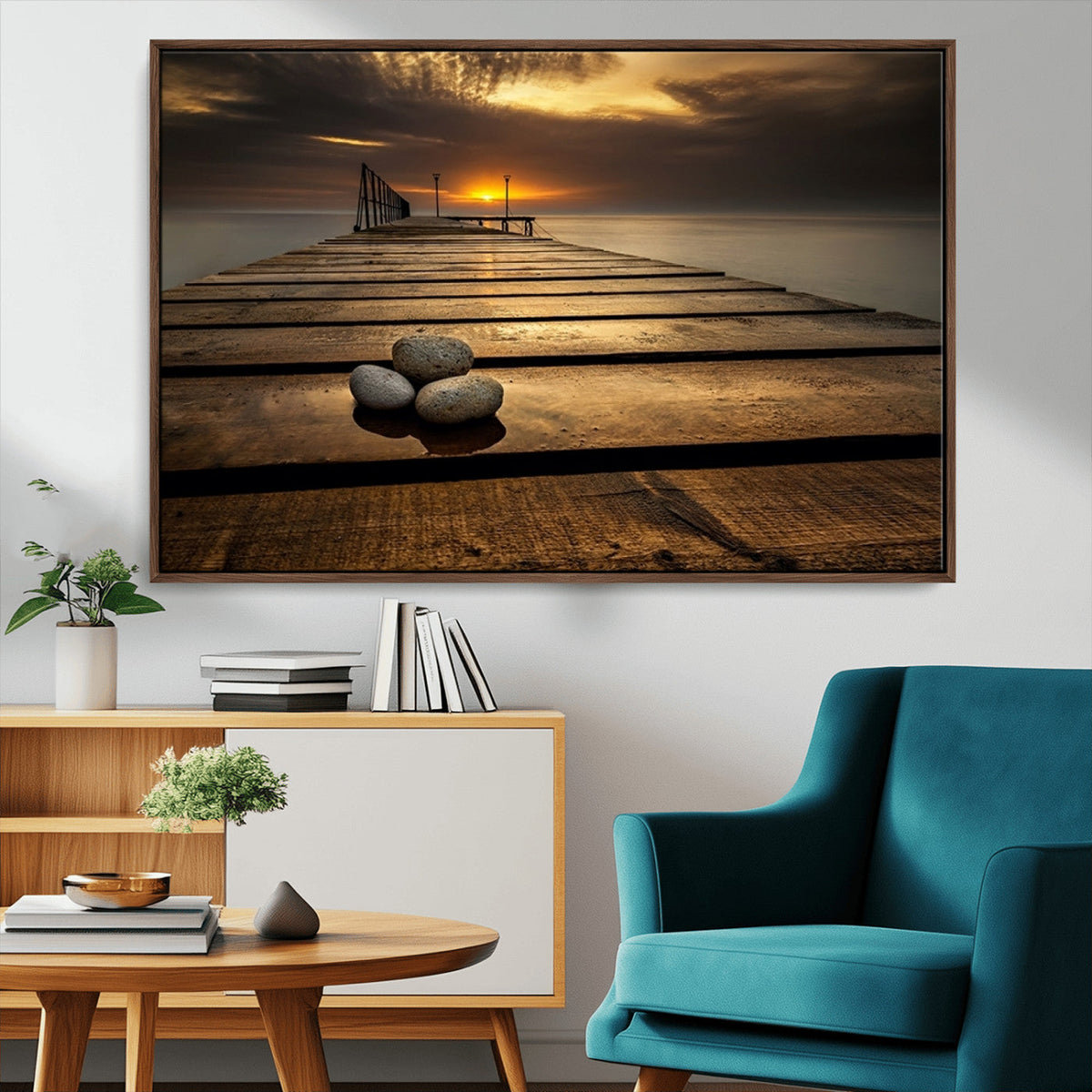 Stones on Wooden Pier at Sunset Canvas Print, Serene Coastal