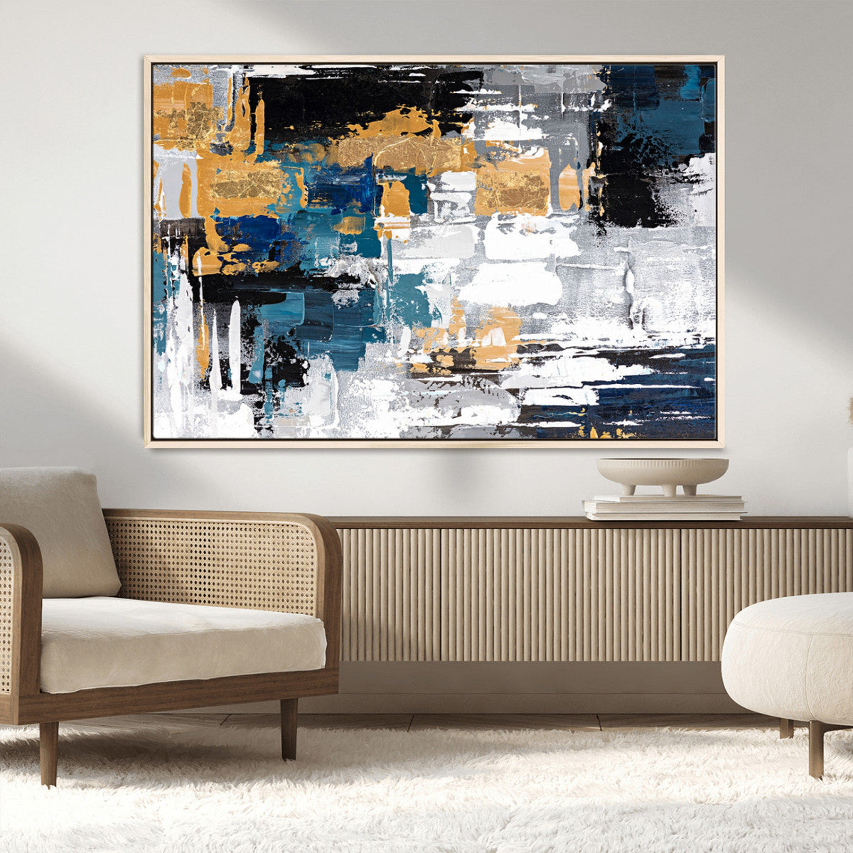 Blue and Gold Abstract Canvas Wall Art – Triptych Modern