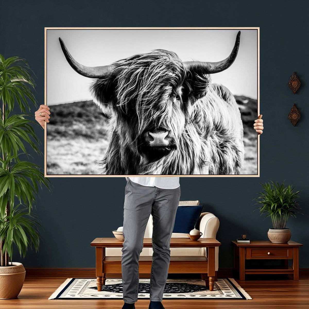 Black and White Scottish Cow Canvas Wall Art Highland Cattle
