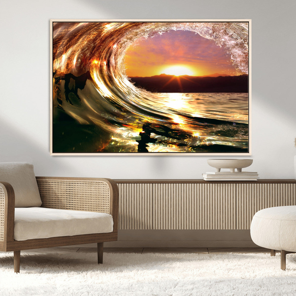 Golden Wave Sunset Triptych Canvas Art, Giclee Canvas Print