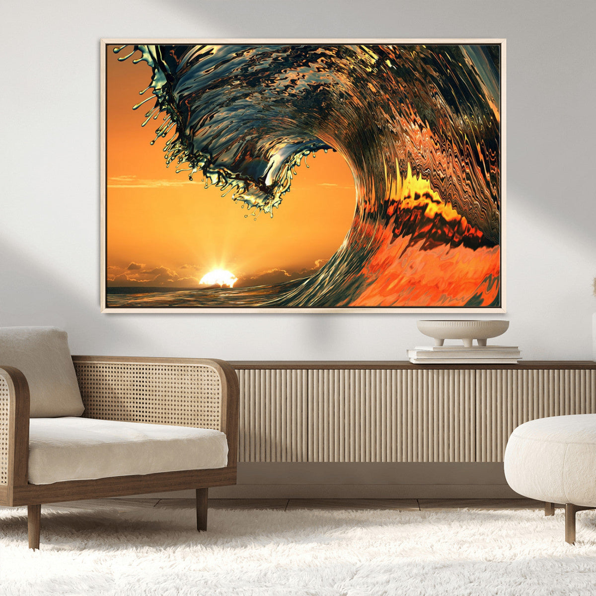 Surf Wave Sunset Canvas Wall Art Print, 3-Panel Ocean