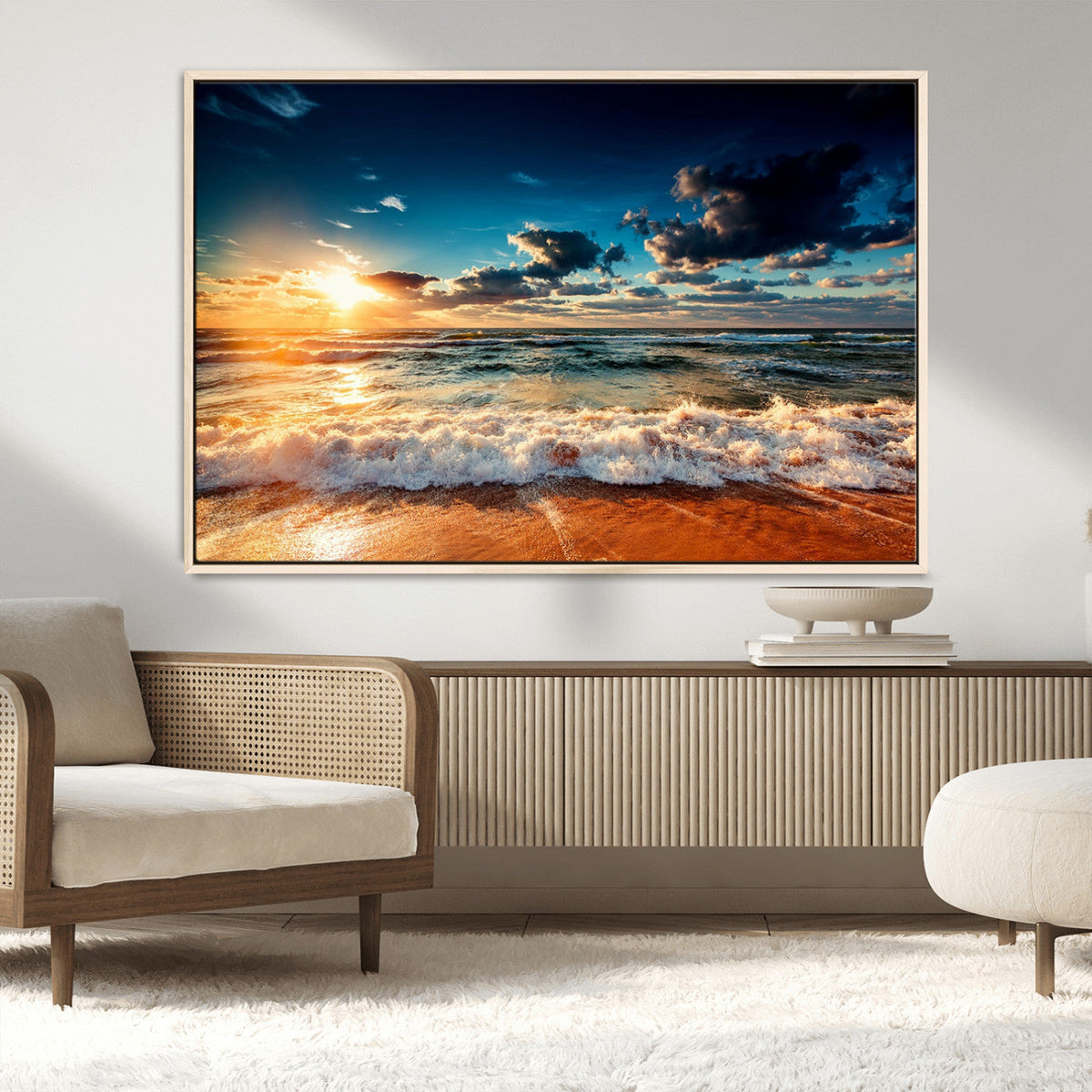 Golden Hour Sunset Over Ocean Waves Wall Art Canvas Print |