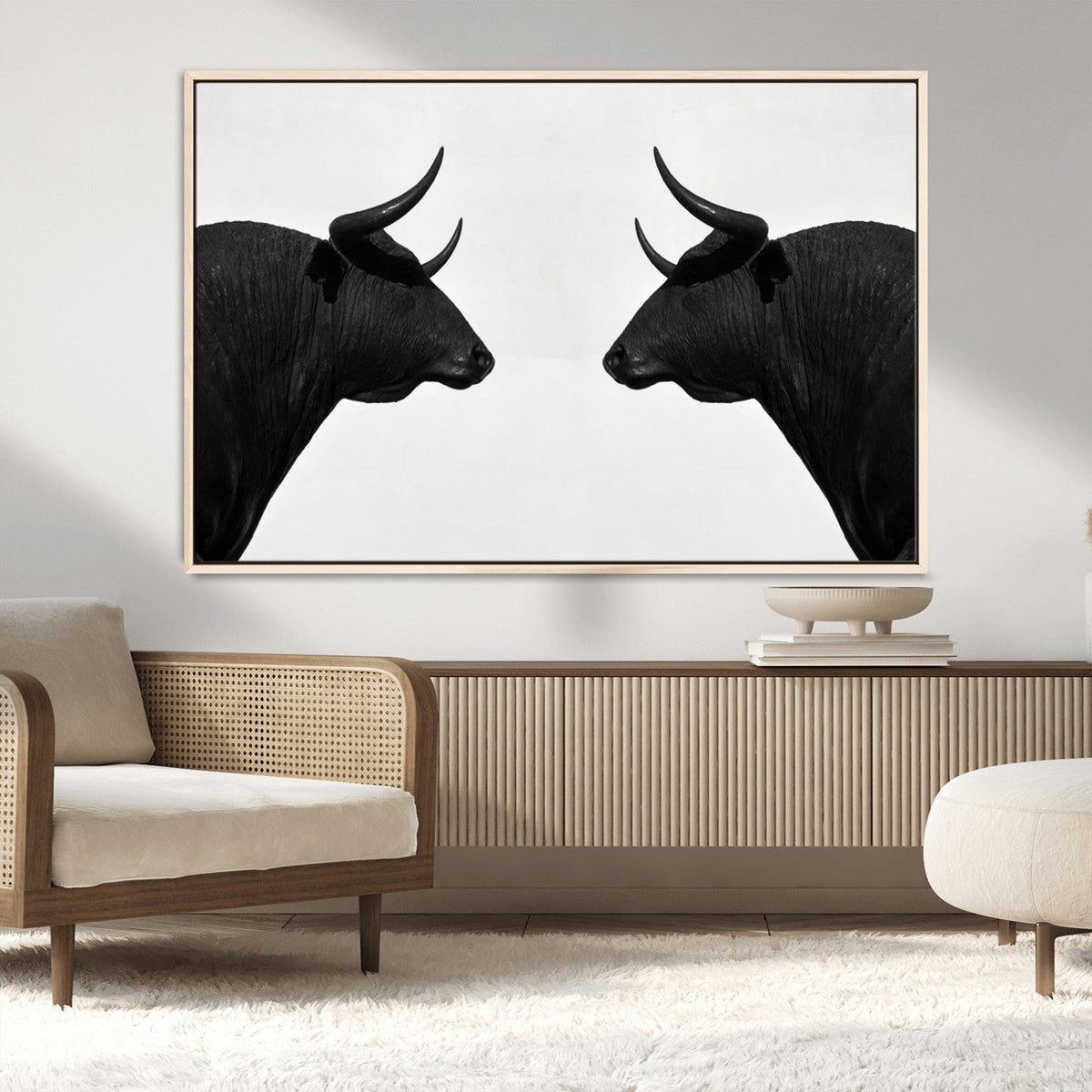 Spanish Bull Art - Framed Black and White Bull Canvas Print