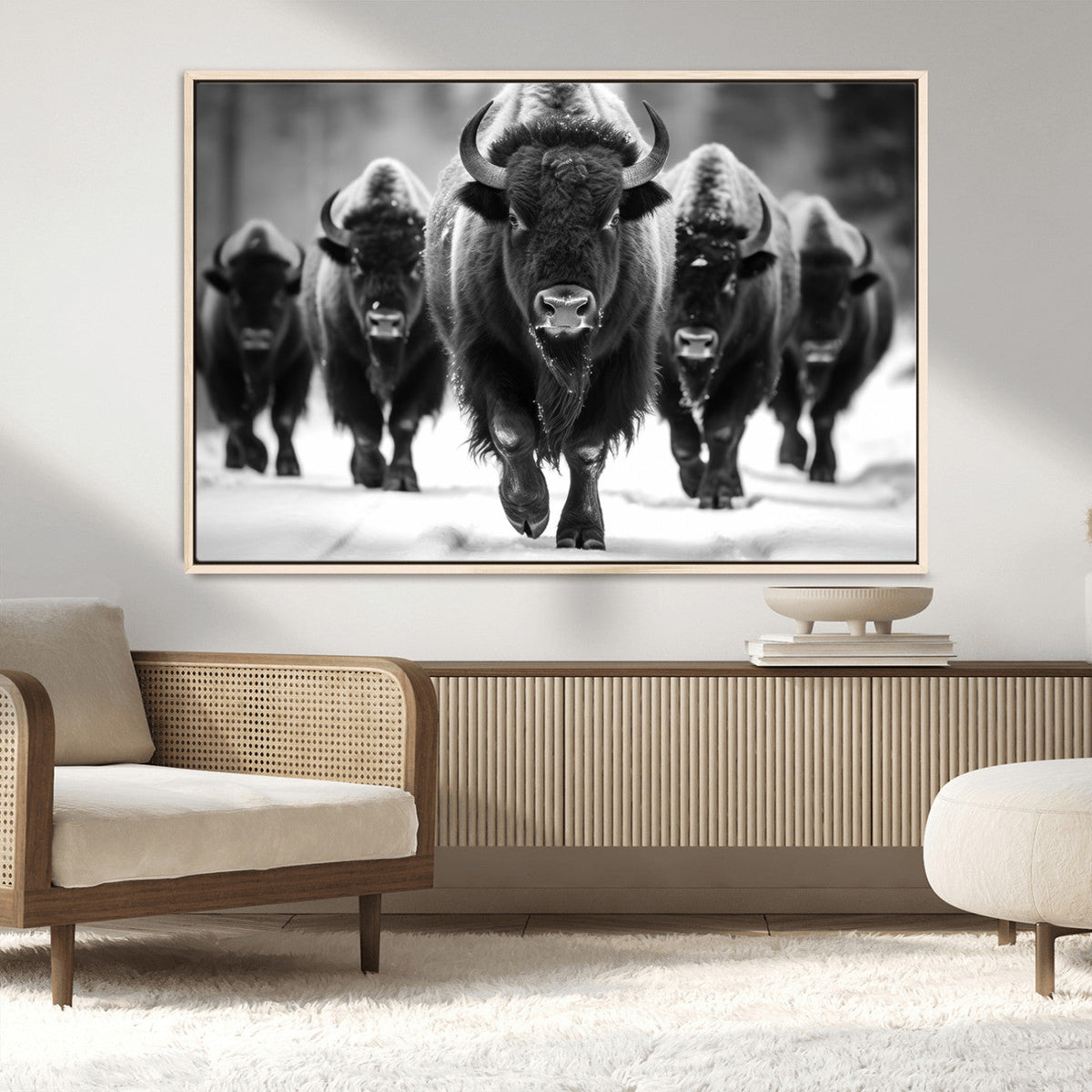 American Bison Art | Buffalo Herd Wall Art Canvas Print, BW