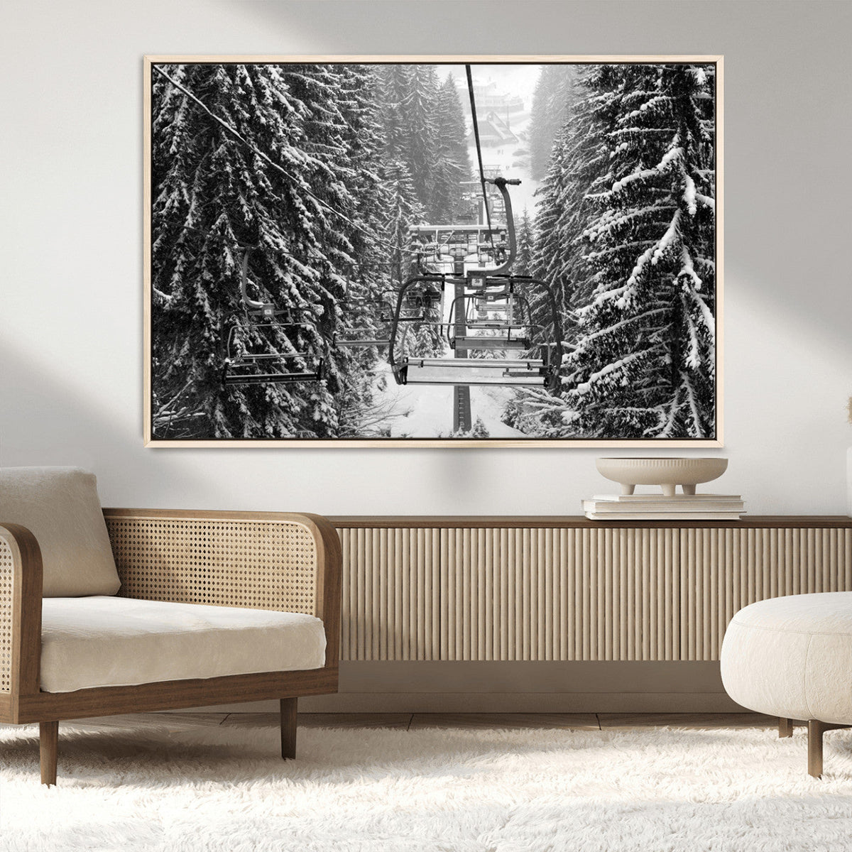 Winter Ski Lift Black and White Canvas Wall Art – Alpine