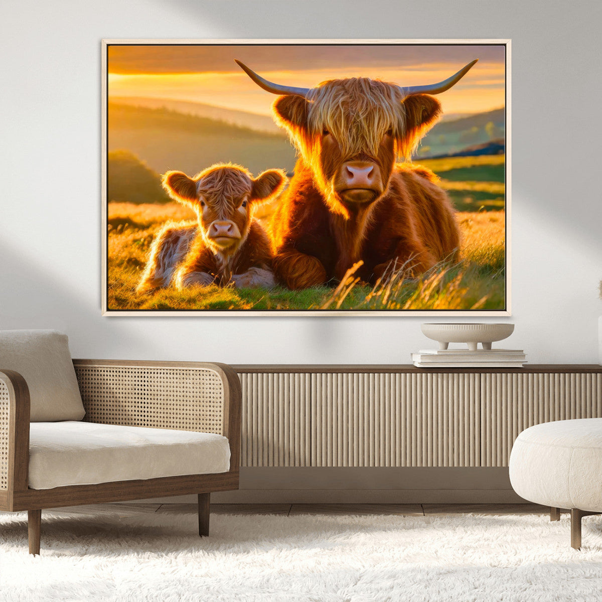 Scottish Cow and Baby Cow Canvas Wall Art Animal Print