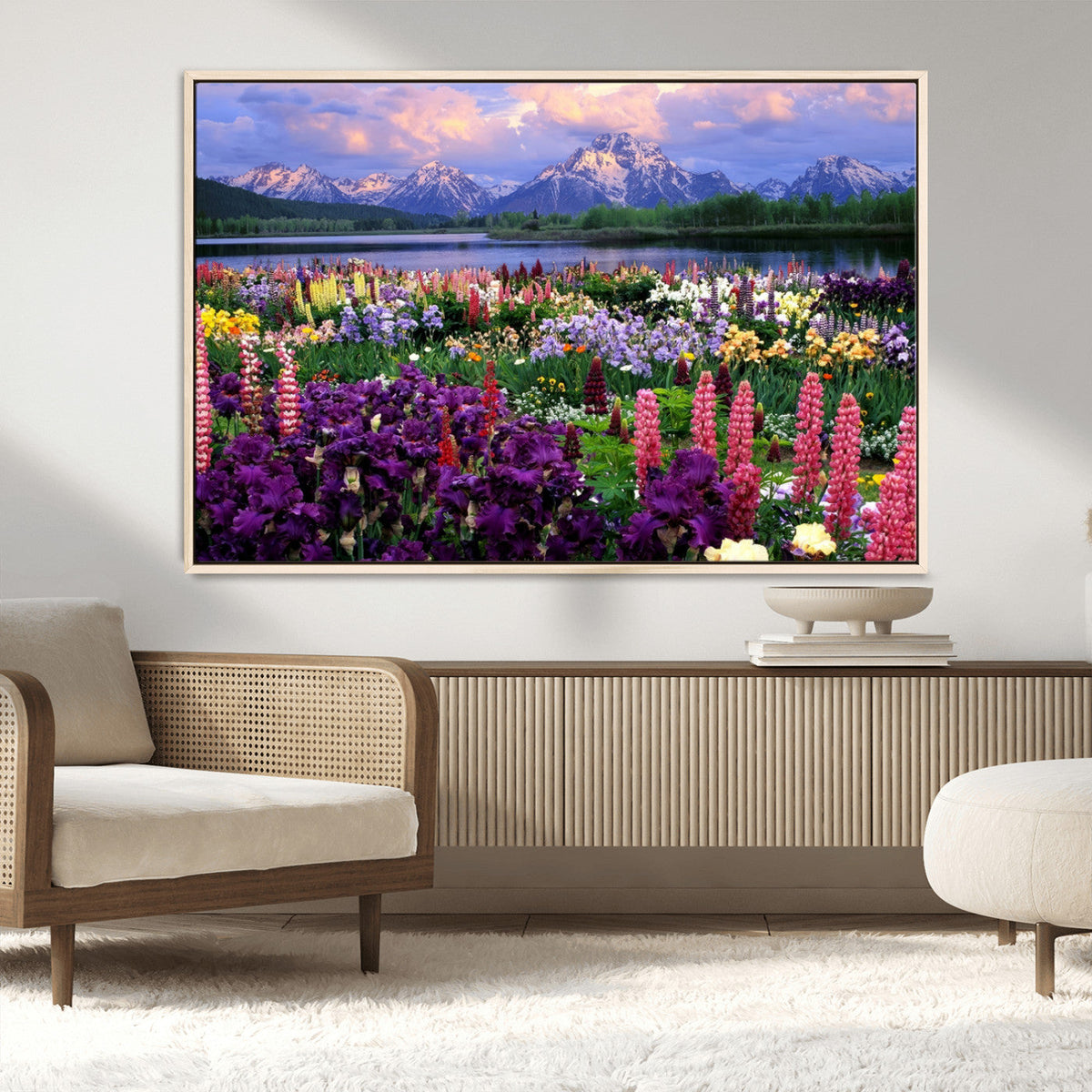 Vibrant Wildflower Garden and Mountain View Giclee Canvas
