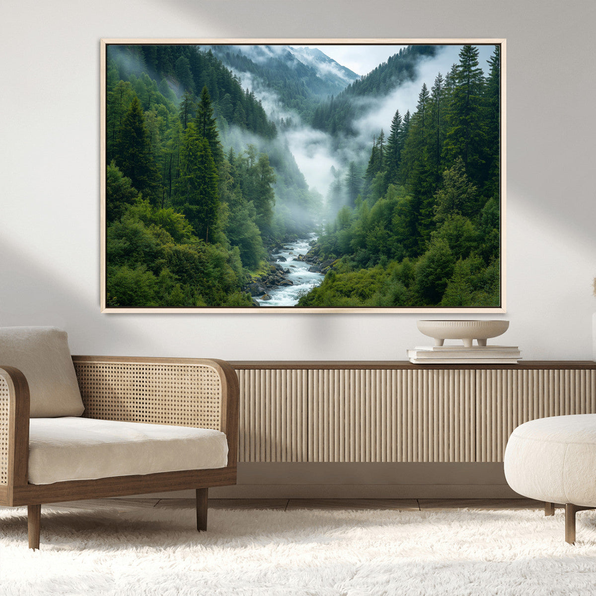 Mountain Forest River Canvas Wall Art Print - Serene Nature
