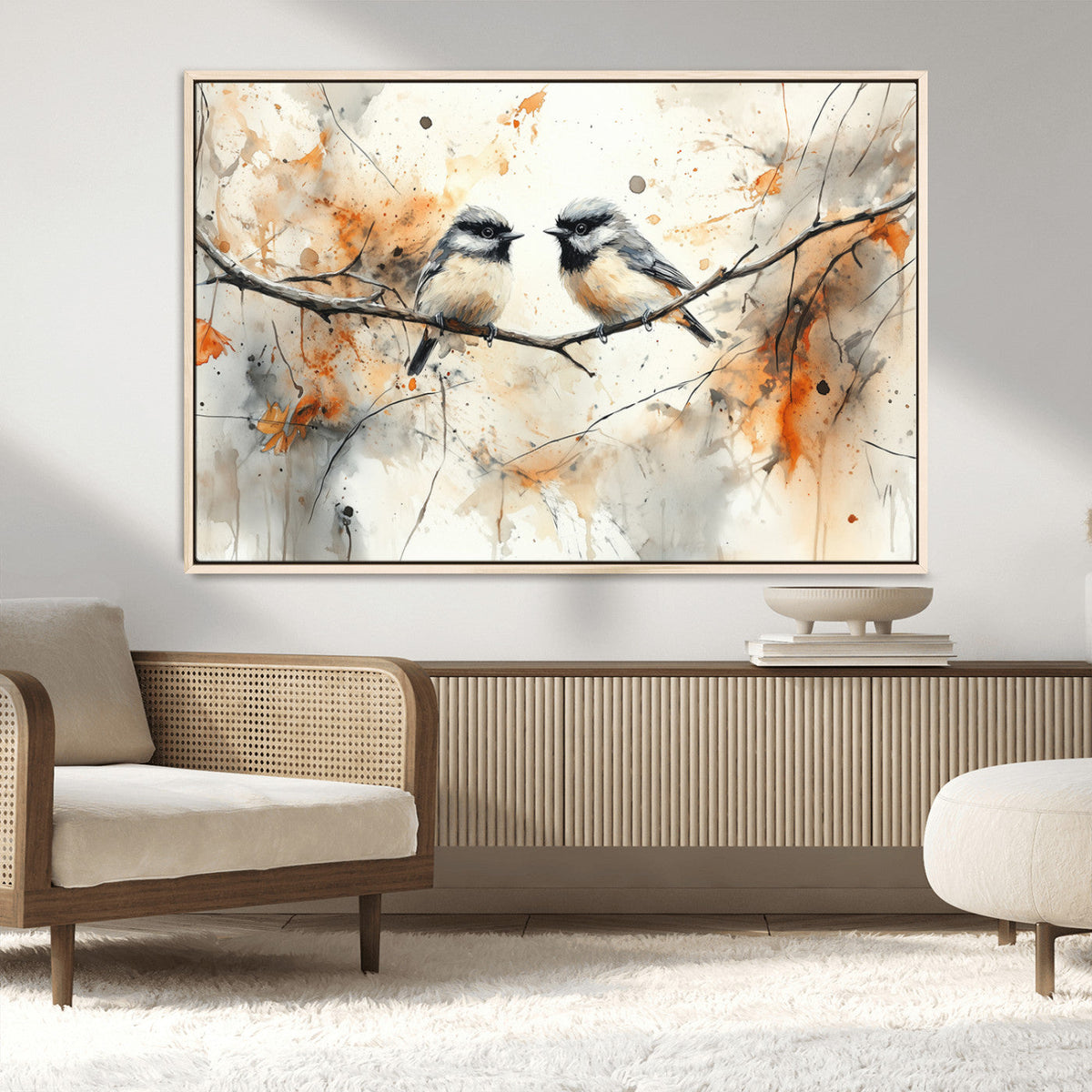Abstract Watercolor Chickadee Bird Canvas Wall Art Print -