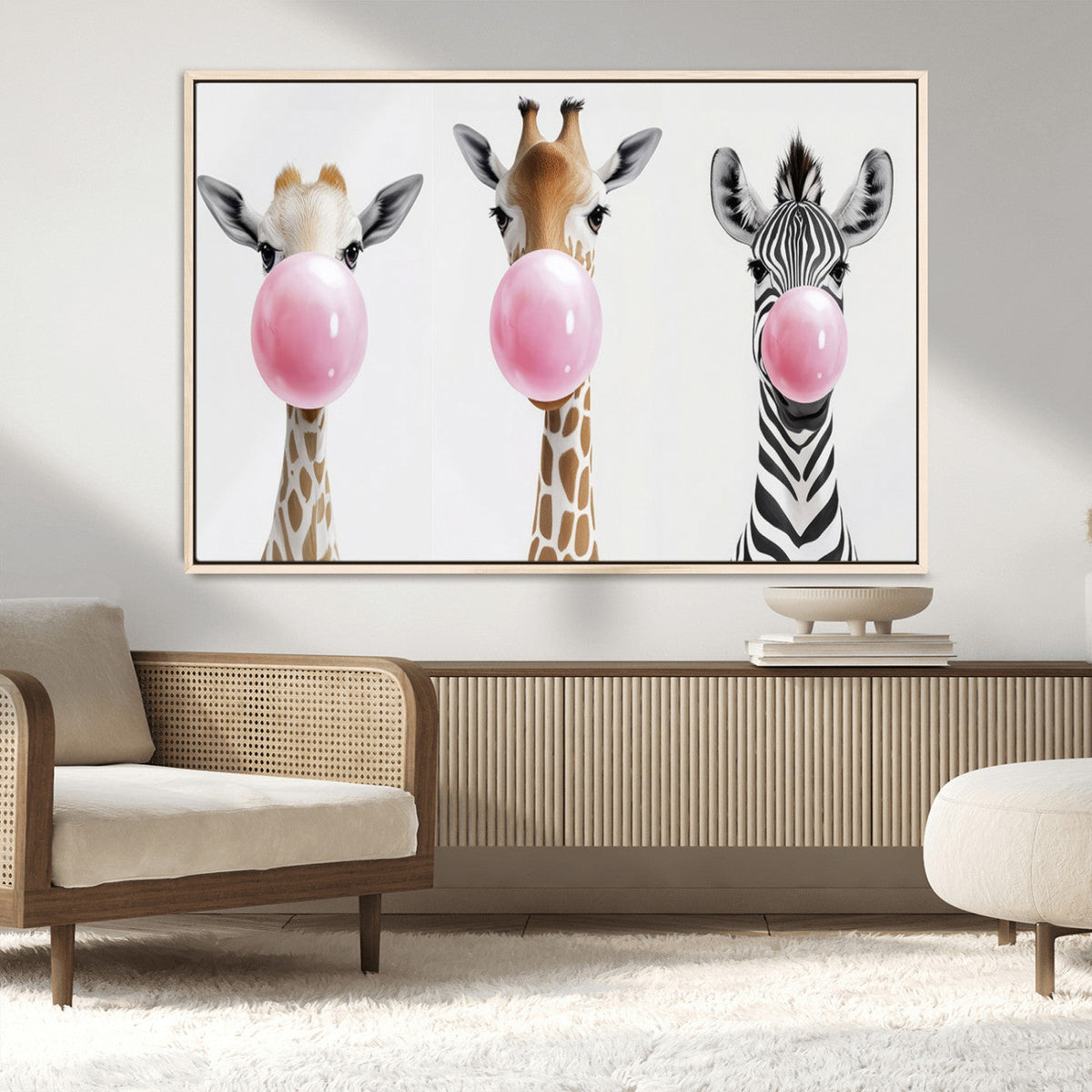 Bubblegum Animals Canvas Wall Art - Playful Giraffe and