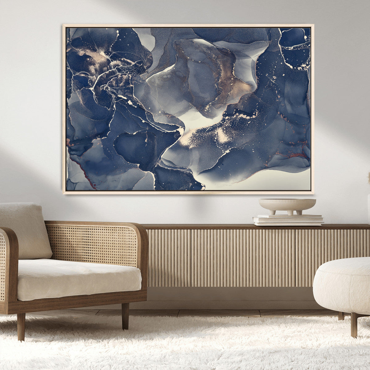 Large Abstract Blue and Gold Canvas Wall Art Fluid Ink