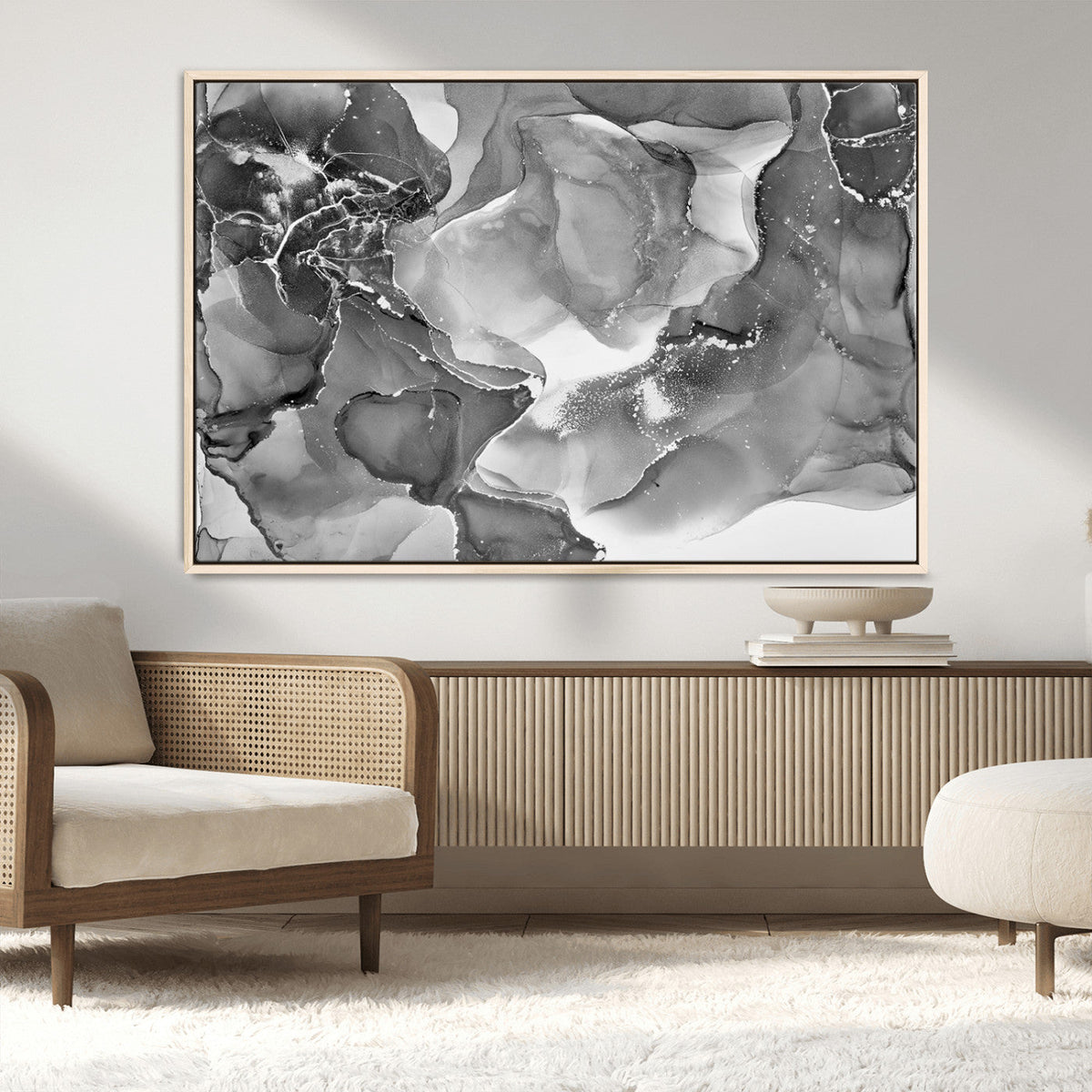 Black White Abstract Canvas Wall Art - Fluid Ink Artwork -