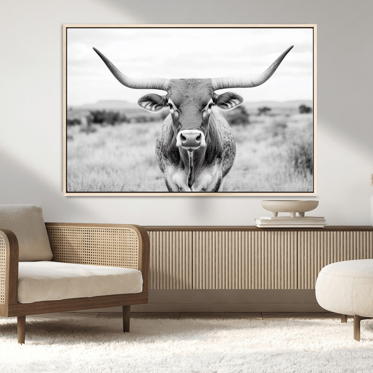 Highland Cow Wall Art Canvas Print – Black and White Western