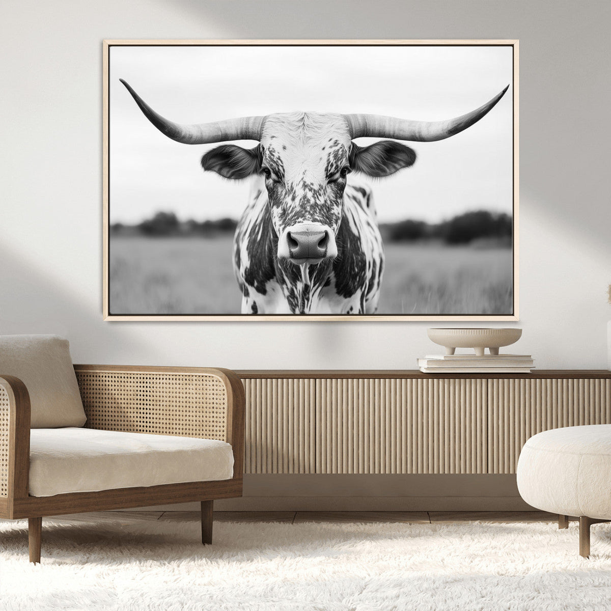 Highland Cow Wall Art Canvas Print – Black and White Western