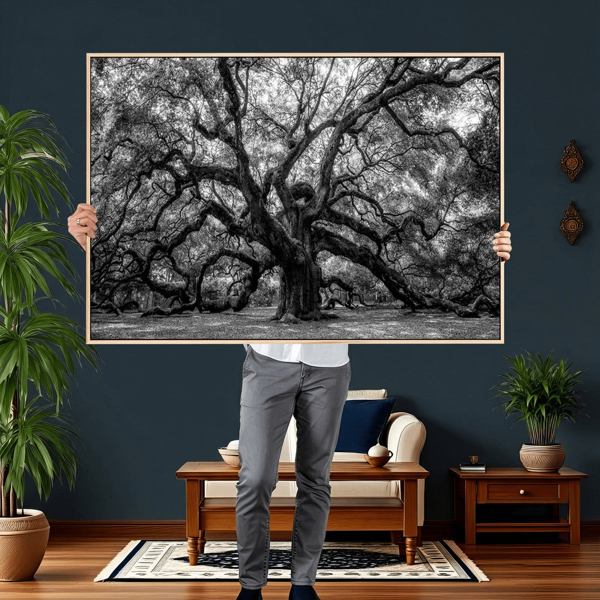 Black and White Old Angel Oak Tree Wall Art Canvas Print