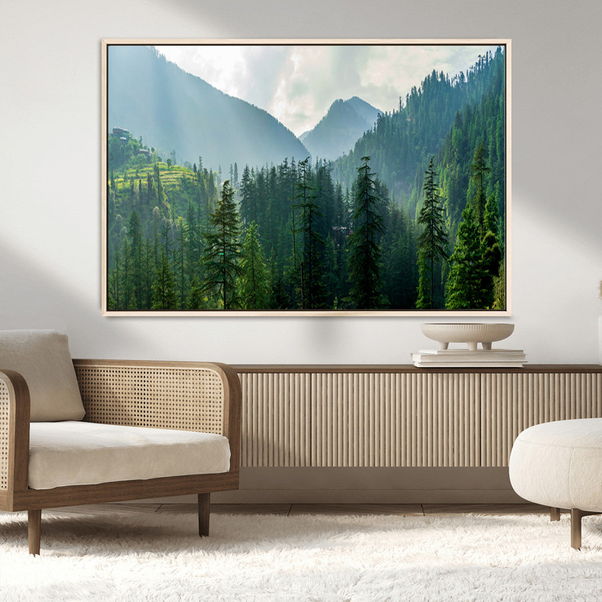 Misty Forest Mountain Wall Art Canvas Print – Framed Serene