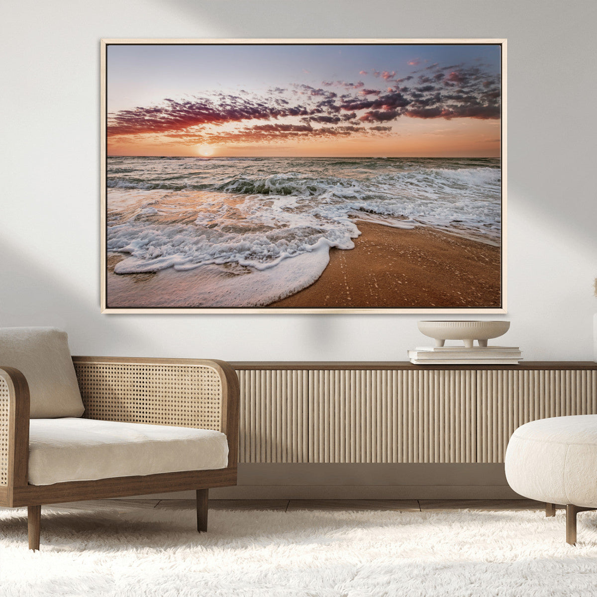 Ocean Sunset Wall Art Canvas Print – Framed Sandy Shore