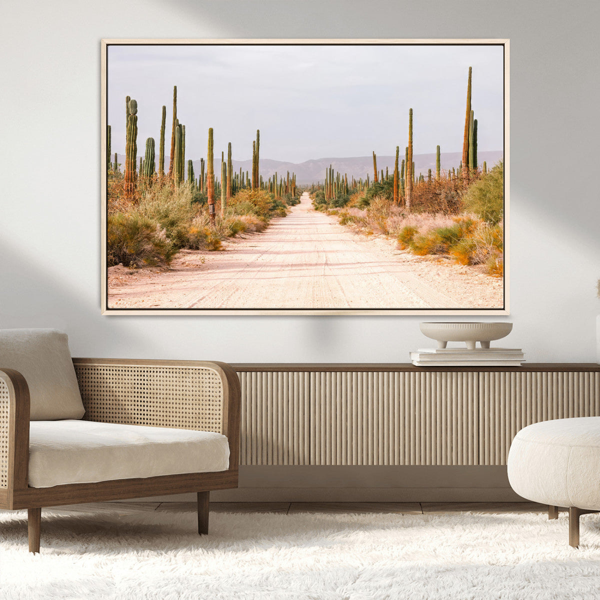 Desert Cactus Lined Road Wall Art Canvas Print – Framed