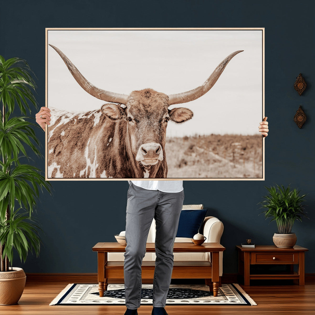 Longhorn Cow Wall Art Canvas Print – Framed Texas Ranch
