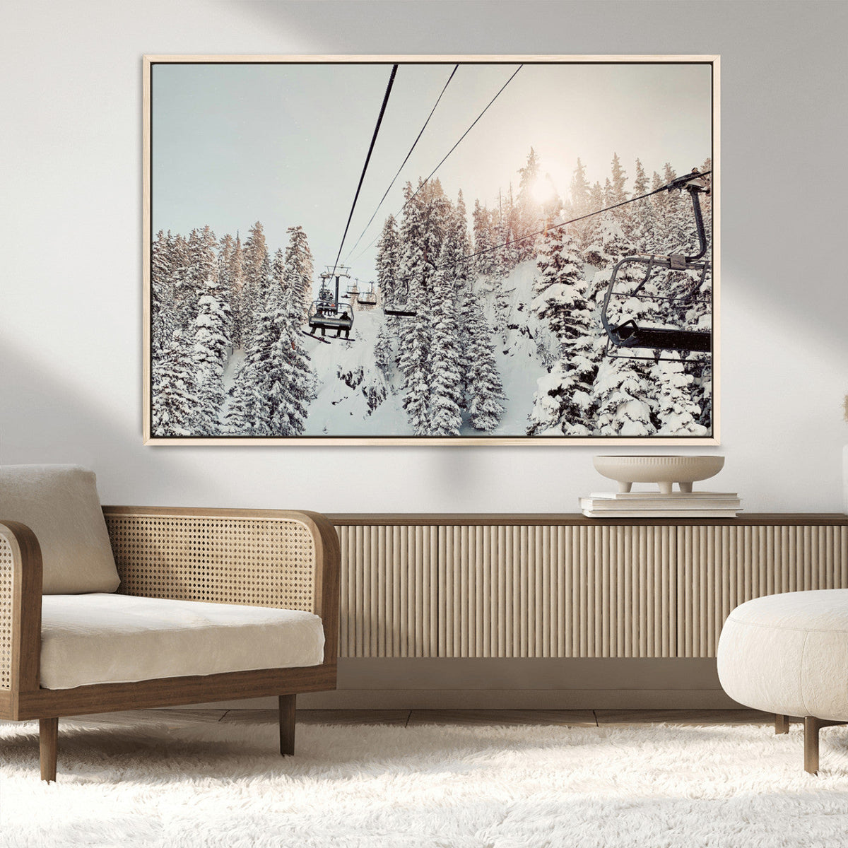 Frosty Pines Wall Art Canvas Print – Framed Cozy Cabin Ski