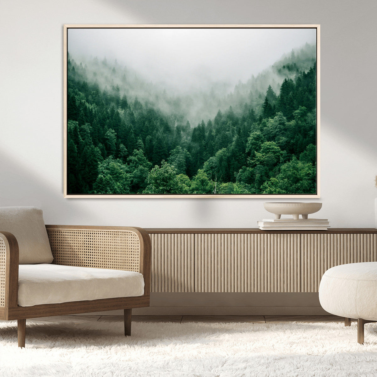 Misty Green Forest Canvas Print – Framed Serene Foggy Pine