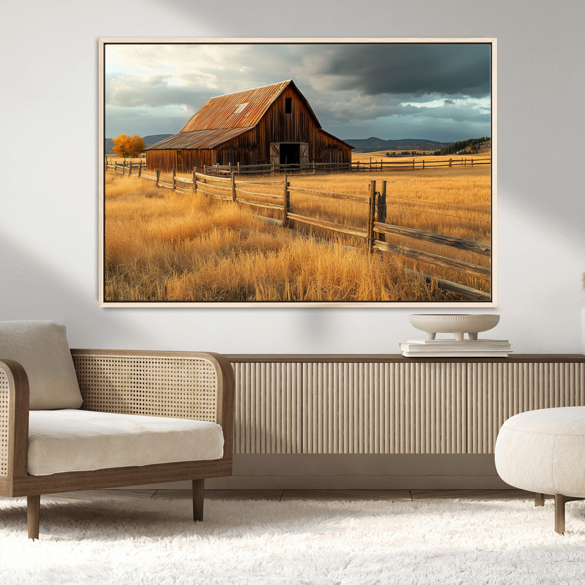 Golden Sunset Barn Wall Art Canvas Print, Rustic Autumn Farm