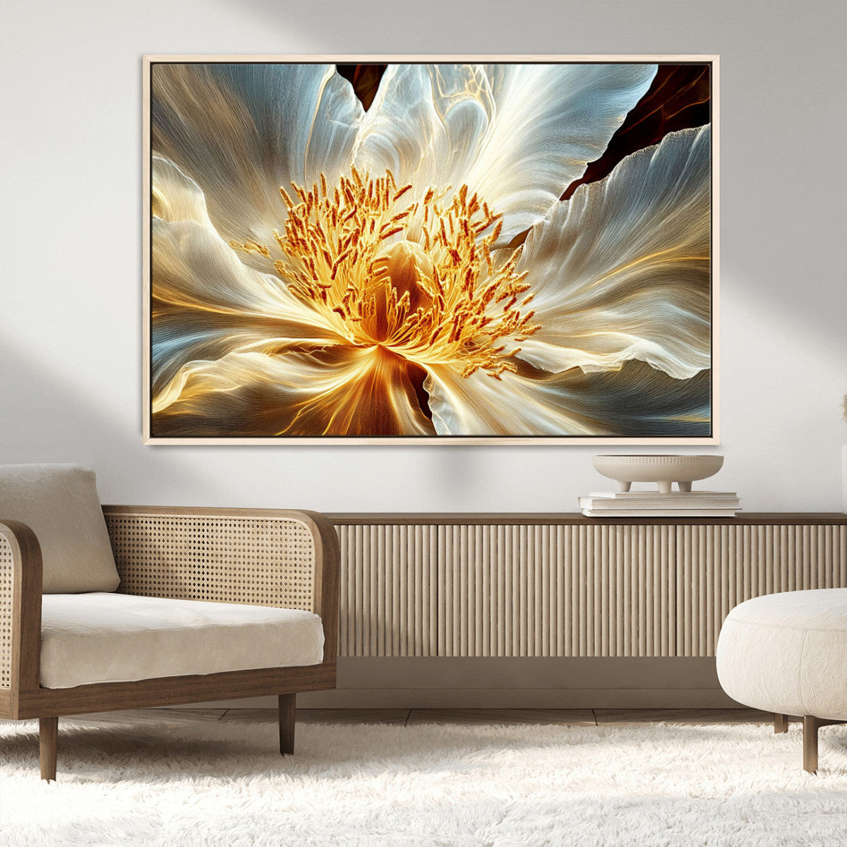 Golden Abstract Flower Canvas Wall Art, Modern Botanical